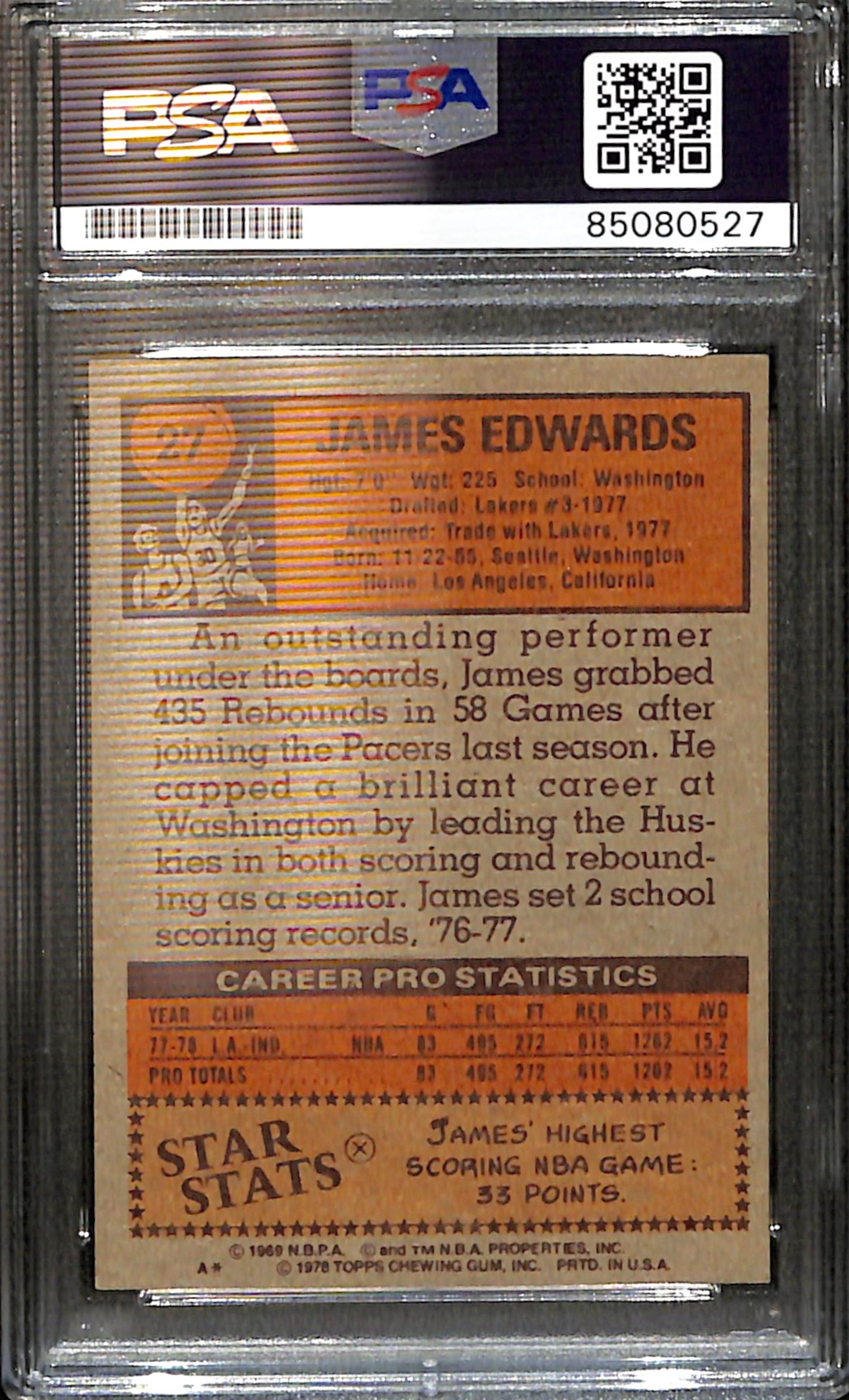 James Edwards Signed/Auto 1978 Topps Card #27 Indiana Pacers PSA/DNA 185431