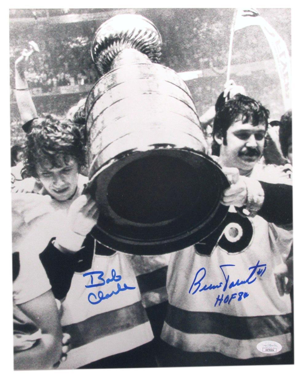 Bobby Clarke/Bernie Parent Flyers Signed 11x14 B/W Stanley Cup Photo JSA 180687