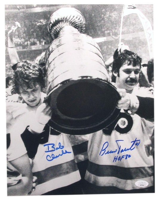 Bobby Clarke/Bernie Parent Flyers Signed 11x14 B/W Stanley Cup Photo JSA 180687