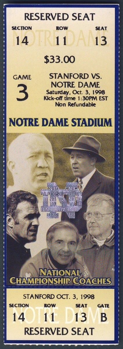 1998 Notre Dame vs. Stanford Full Unused Ticket 128321