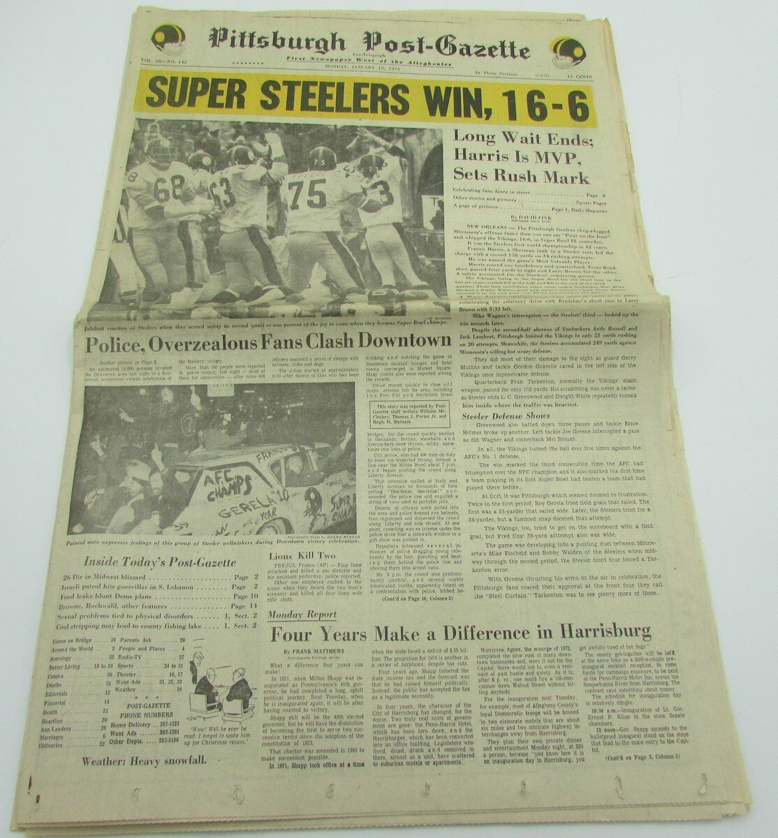 The Pittsburgh Post-Gazette 1975 Steelers SUPER BOWL IX Newspaper 142554