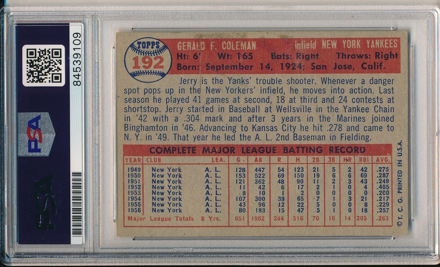 Jerry Coleman Yankees Signed/Autographed 1957 TOPPS Card #192 PSA/DNA 166627