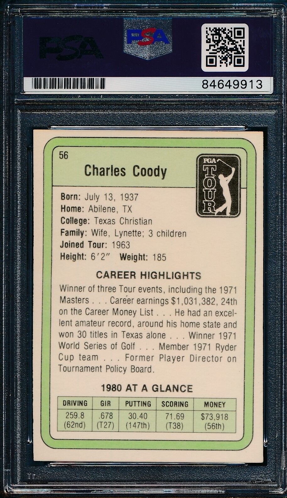 1981 DONRUSS PGA Charles Coody #56 Authentic Card Signed PSA/DNA 176064