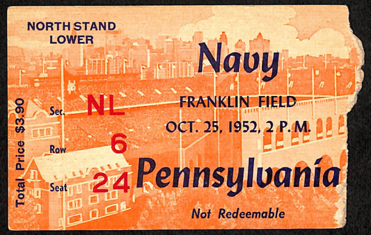 October 25, 1952 Navy vs Penn Quakers College Football Game Ticket Stub 189883