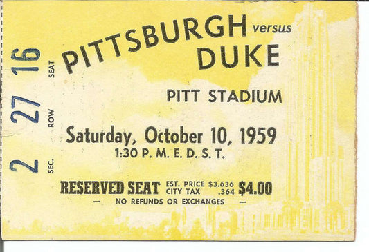 1959 Pittsburgh vs. Duke Football Game Ticket Stub at Pitt Stadium 150343