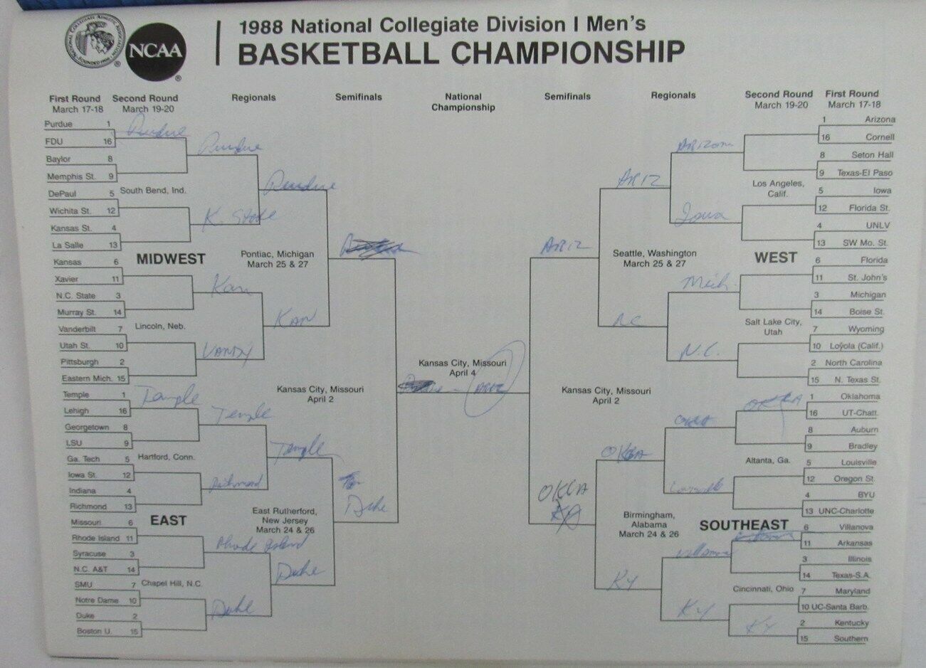 1988 NCAA Men's Basketball Championship 1st & 2nd Rounds Program LA 159082