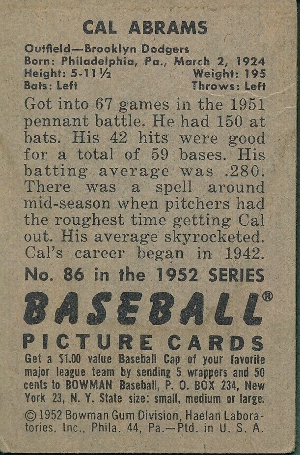 Cal Abrams Brooklyn Dodgers Signed 1952 Bowman Baseball Card #86 162321