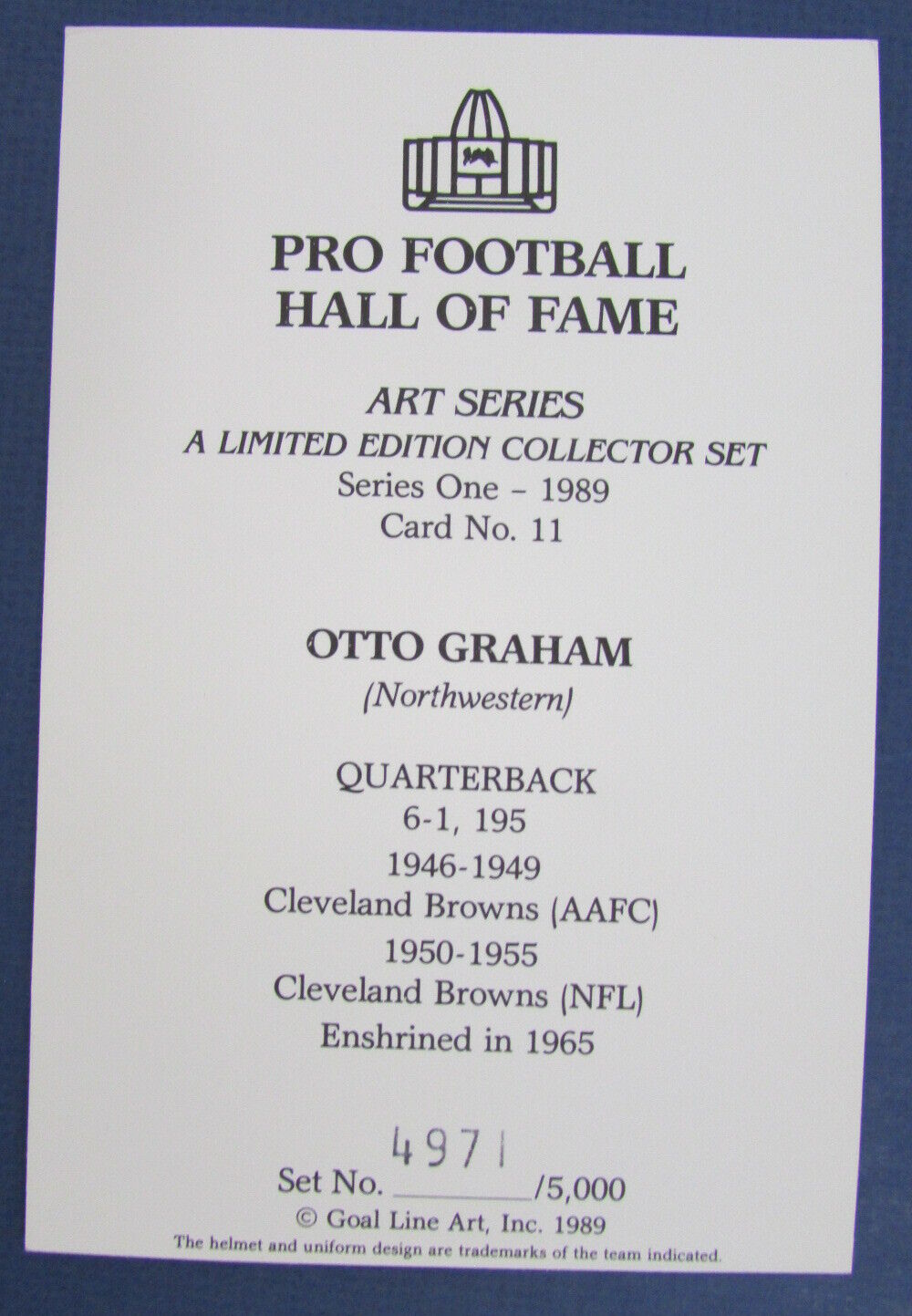 Otto Graham Browns HOF Autographed/Signed Goal Line Art Postcard 125378