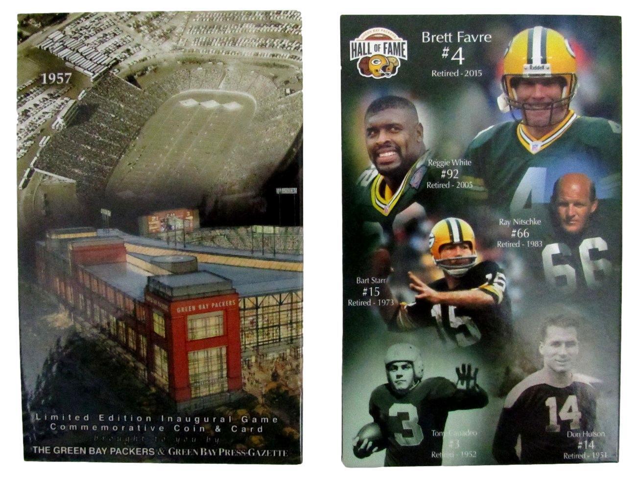 Lot of 2 GB Packers Cards with Coins 2003 Lambeau Field and 2015 Brett Favre HOF