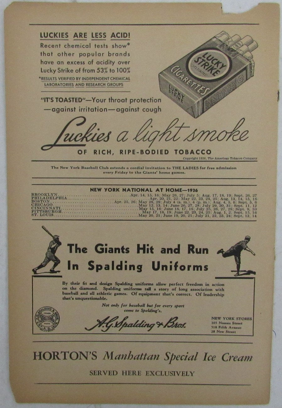 1936 New York Giants Mel Ott vs. Brooklyn Dodgers ScoreCard Program 148926