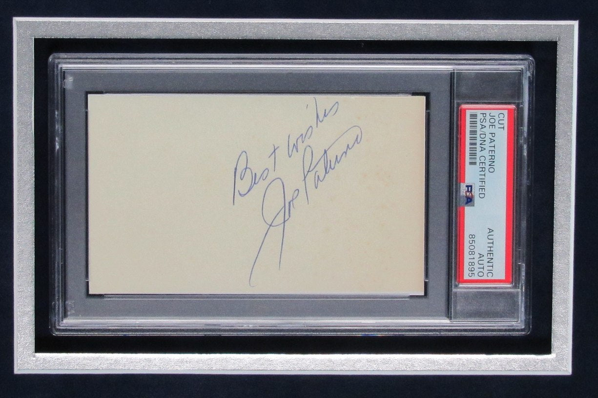 Joe Paterno Signed/Inscribed Cut Card w/ Photo Penn State Framed PSA/DNA 187185