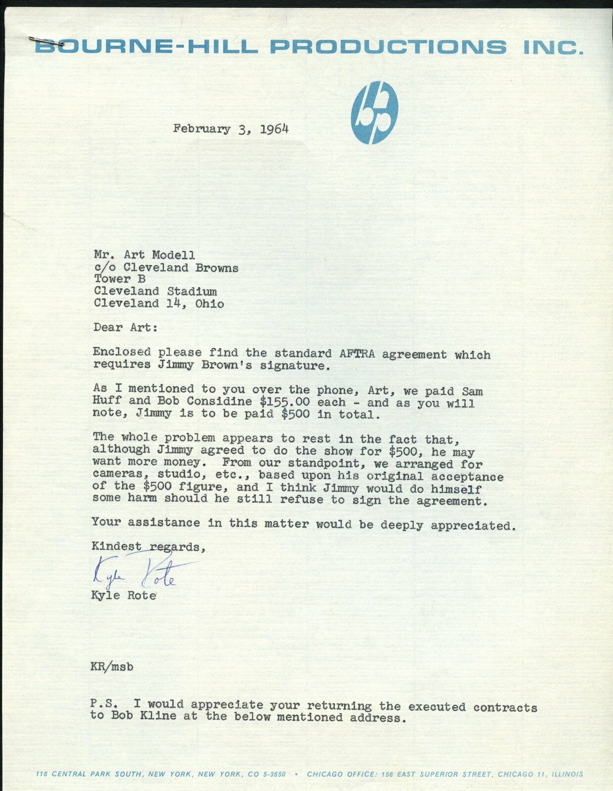 July 27,1965 Letter to Jim Brown for itemized legal Investigation  144995