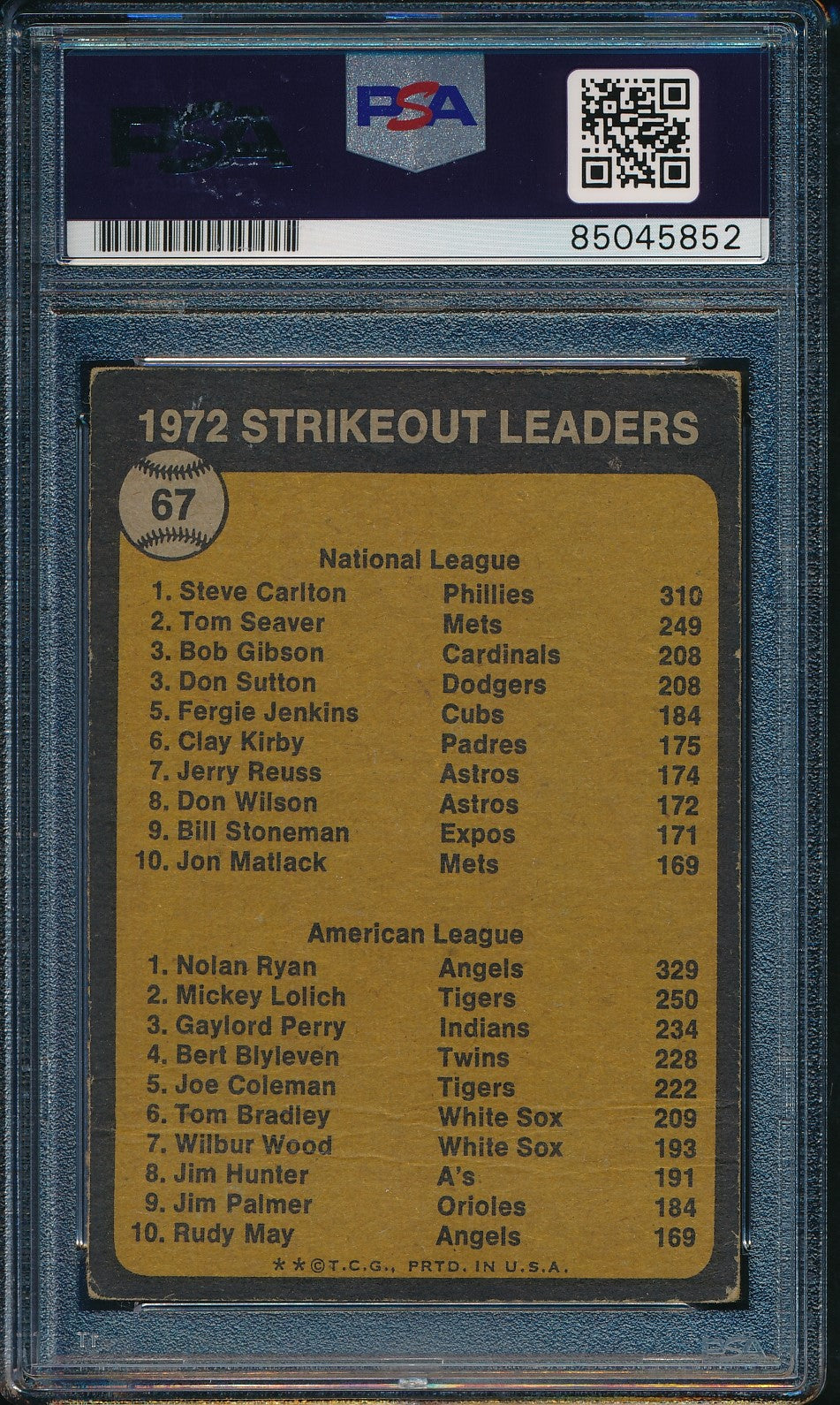 Nolan Ryan/Steve Carlton Dual-Autographed 1973 TOPPS Card #67 PSA GEM MINT 10