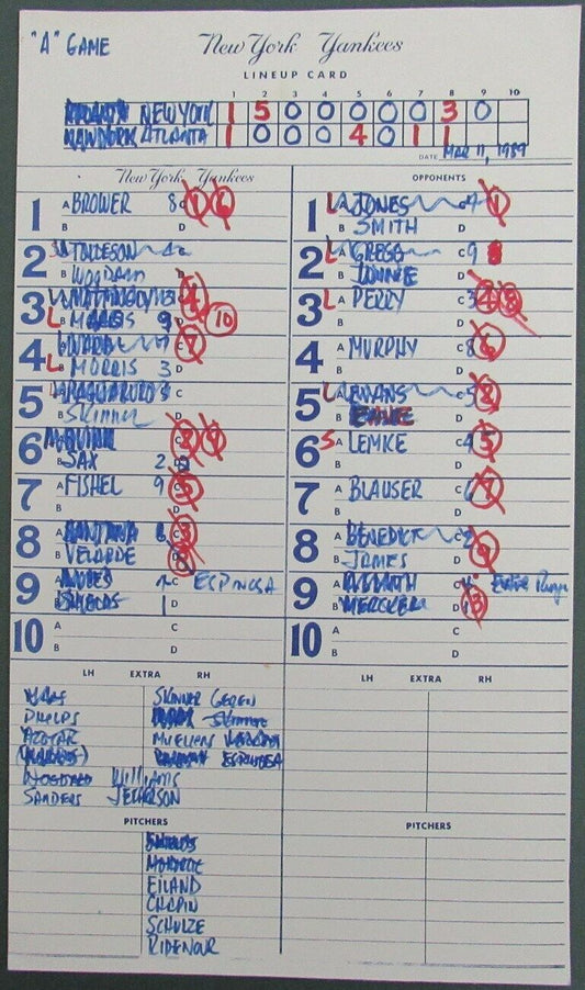 1989 New York Yankees Spring Training 9x15 Lineup Card vs.Braves Murphy 150877