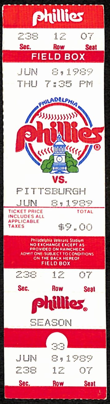 1989 Ticket Phillies vs. Pirates 10-0 Comeback J Rooker Walk back to Pittsburgh