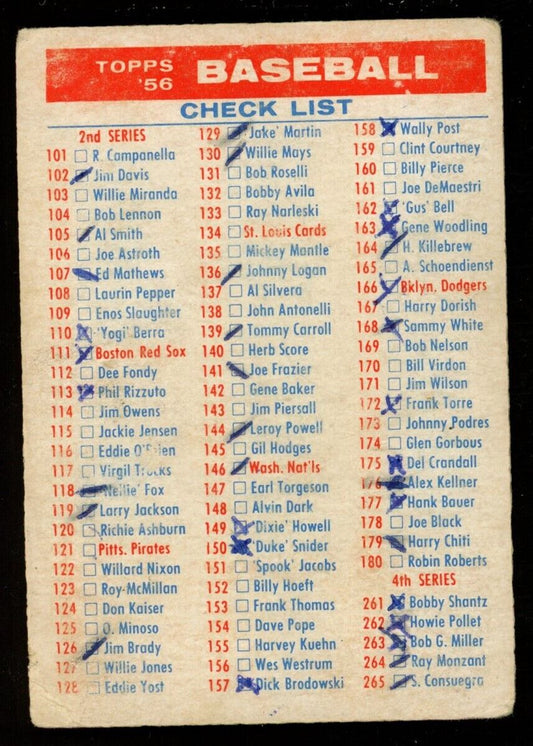1956 Topps Checklist 1st / 3rd Series Baseball Card Low Grade