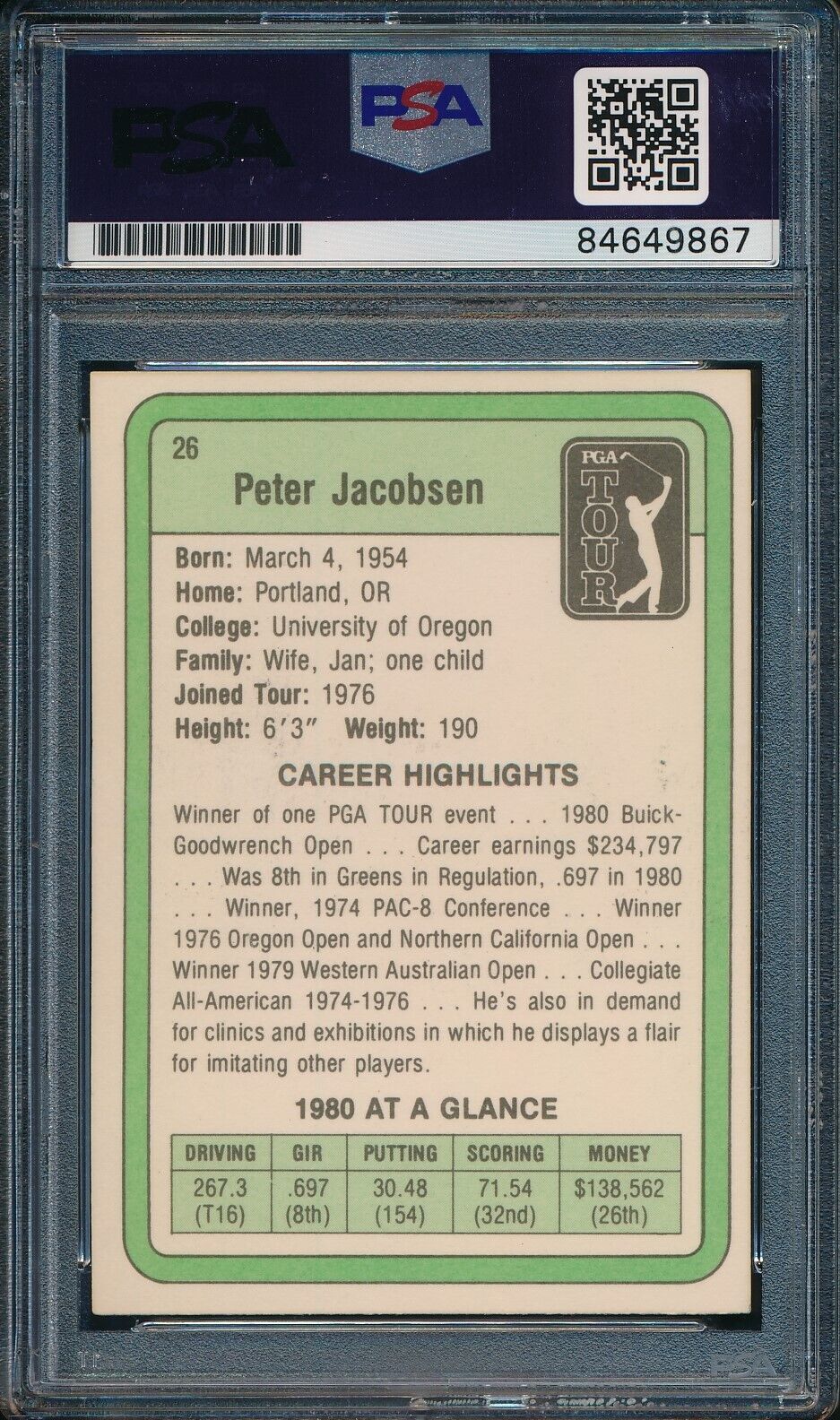 1981 DONRUSS PGA Peter Jacobsen #26 Authentic Card Signed PSA/DNA 176023