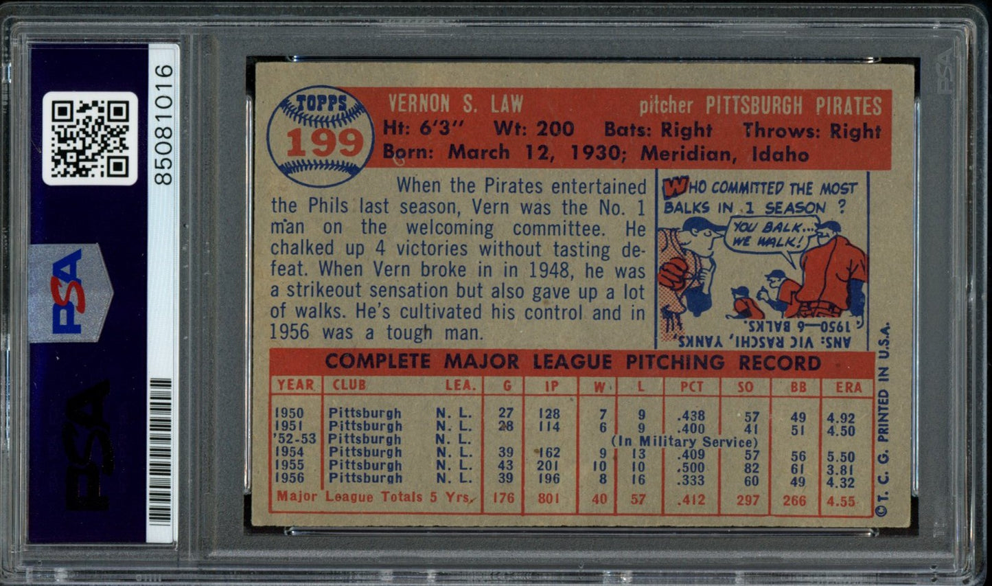 Vernon Law Autographed 1957 Topps Card #199 Pittsburgh Pirates PSA/DNA 184076