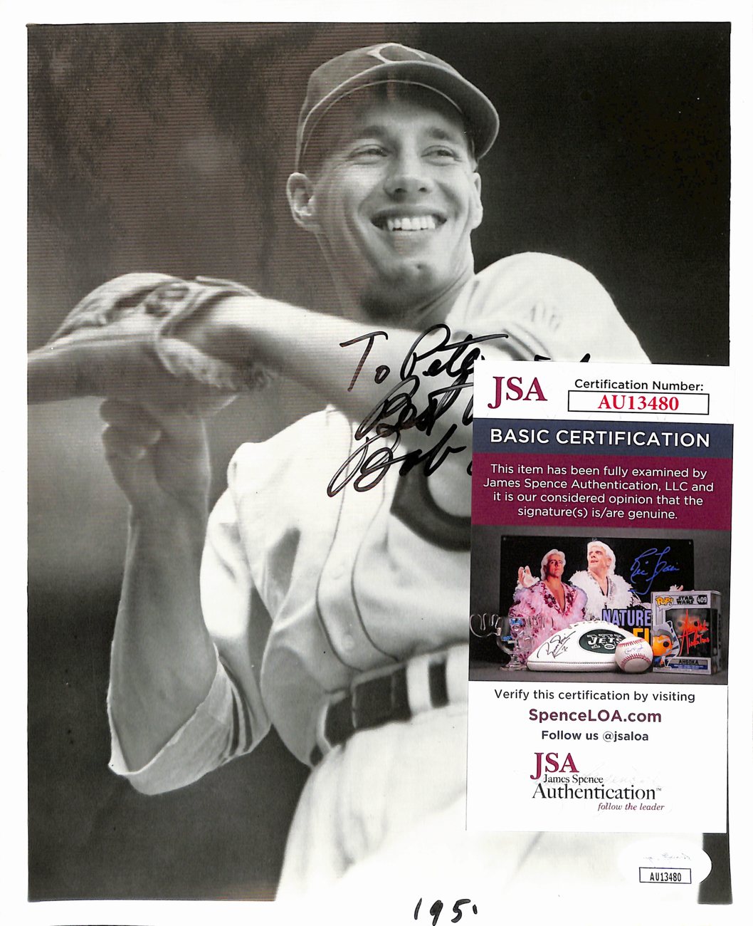 Bob Feller HOF Signed/Inscribed B/W 8x10 Photo Cleveland Indians JSA 190195