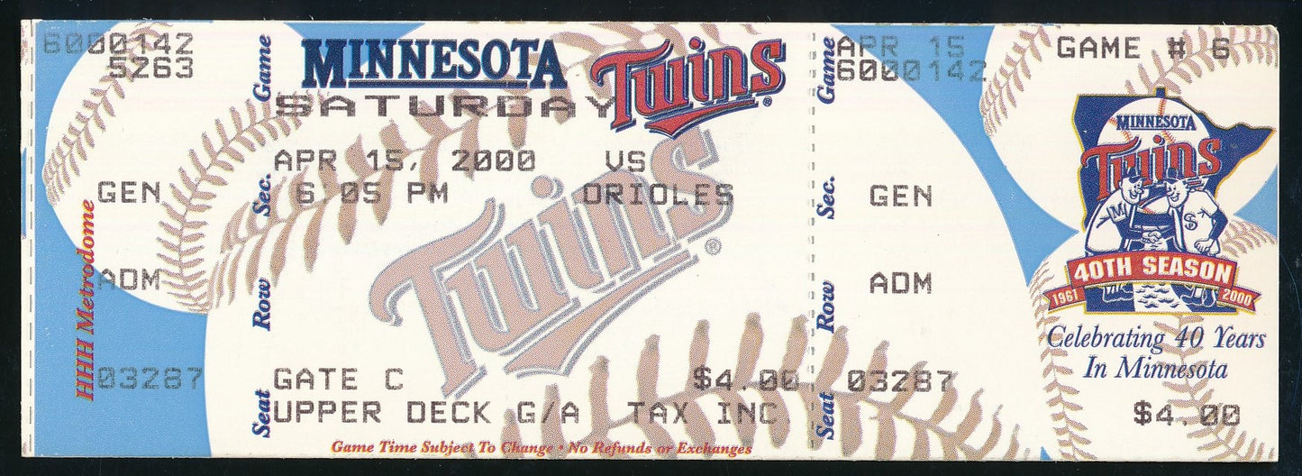 Cal Ripken 3000th Hit April 15, 2000 Full Ticket Twins vs. Orioles 188496