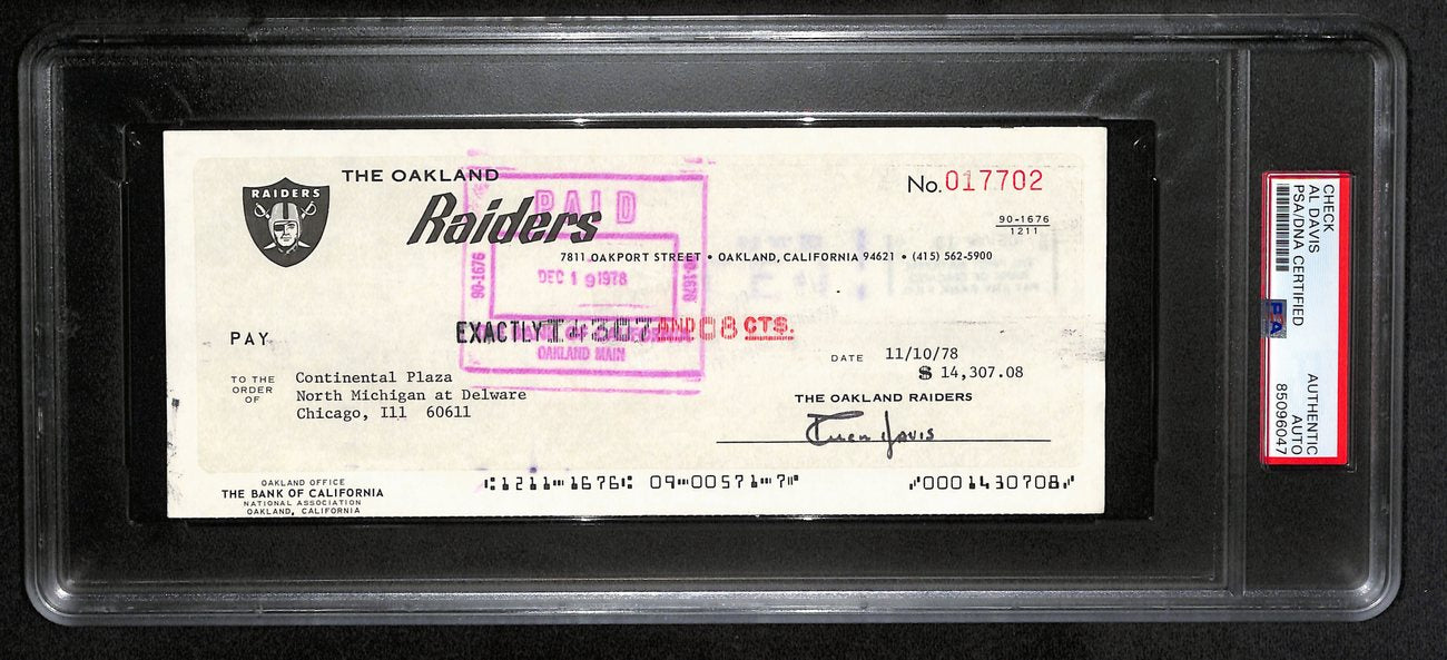 AL Davis Signed/Autographed 1978 Oakland Raiders Check JSA