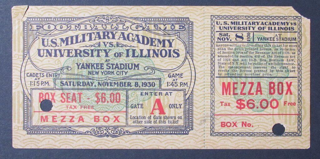 1930 U.S. Military Academy vs. Illinois Proof Ticket 11/8/30 Yankee Stadium
