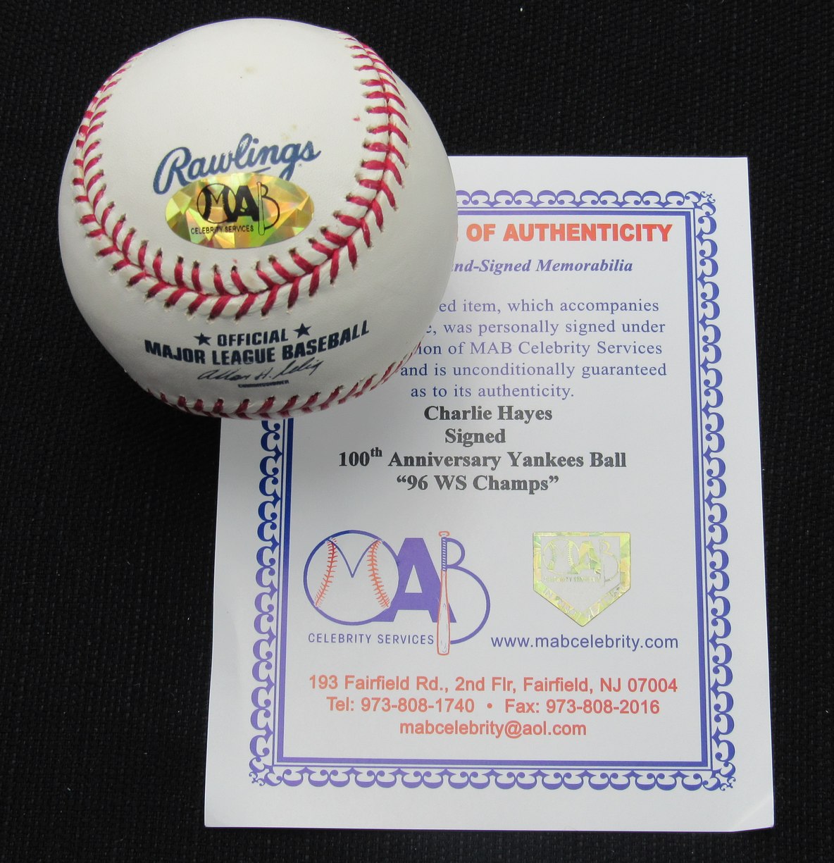 Charlie Hayes Signed/Auto Yankees 100th OML Baseball MAB Inscr 187037