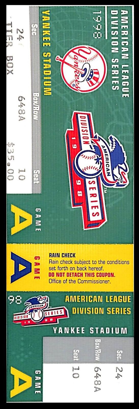 September 29, 1998 ALDS Game 1 Full Ticket Yankees vs. Rangers 179658