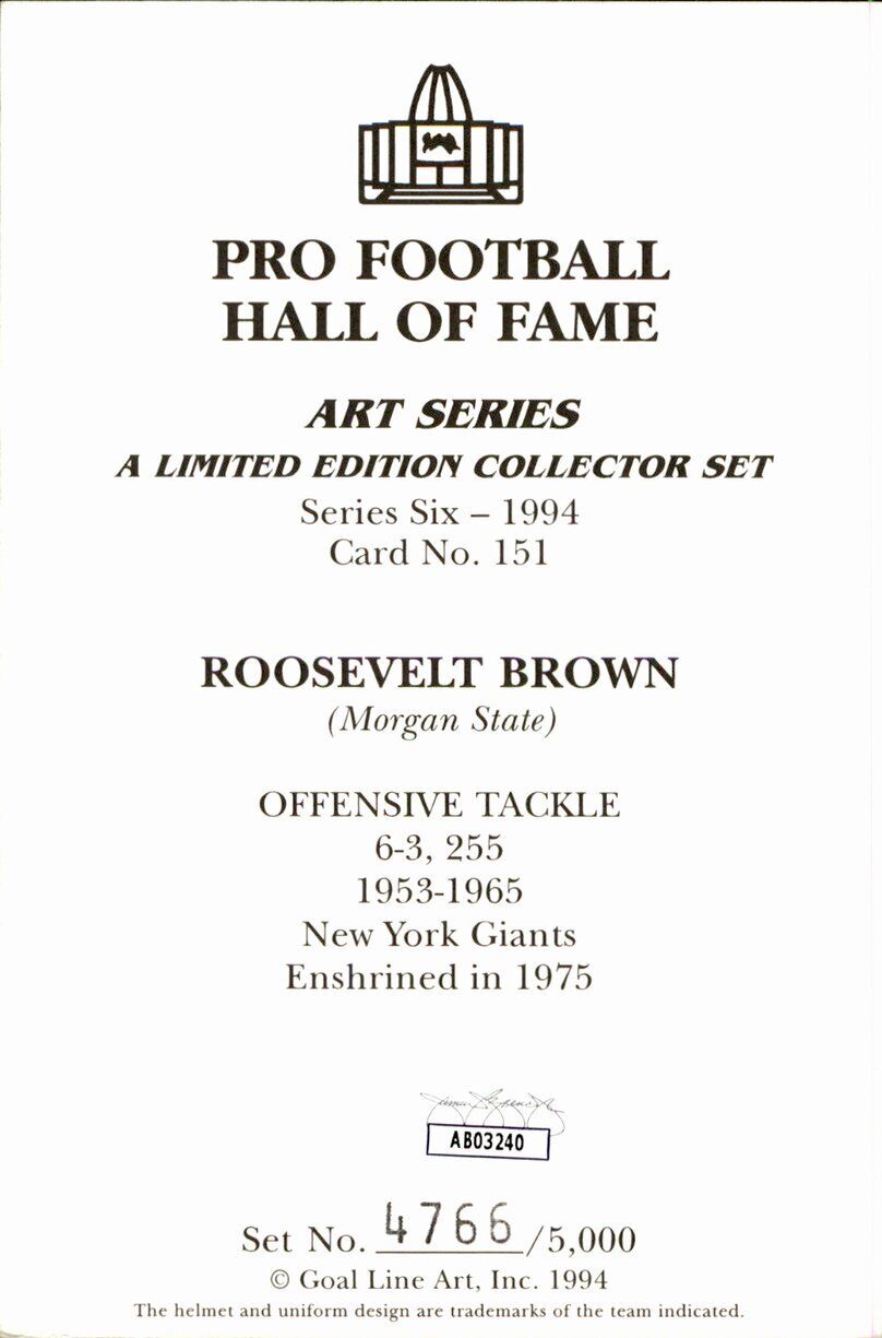 Roosevelt Brown HOF Giants Signed/Inscr Goal Line Art GLAC Postcard JSA 167128