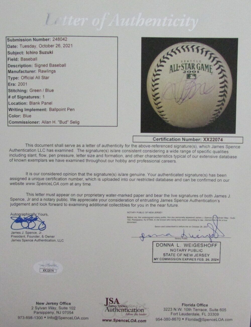 Ichiro Suzuki Autographed Rawlings 2001 All-Star Game Baseball Mariners JSA