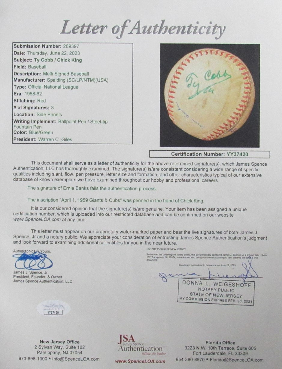 Ty Cobb HOF/ Chick King Dual-Autographed ONL Baseball Tigers JSA 186355