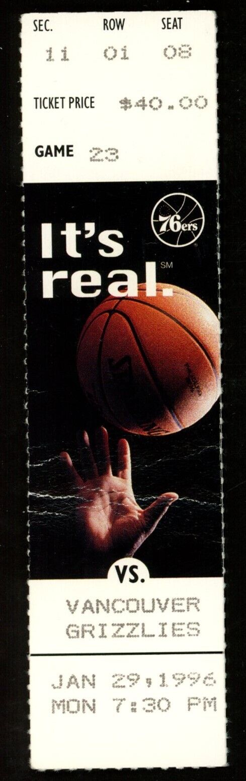 January 29, 1996 76ers vs. Vancouver Grizzlies NBA Basketball Game Ticket Stub