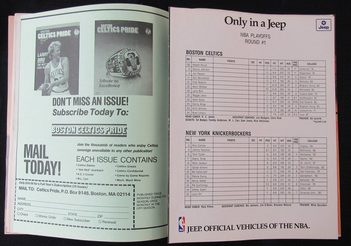 1988 NBA Playoff Program Boston Celtics vs. New York Knicks 1st Round 181358