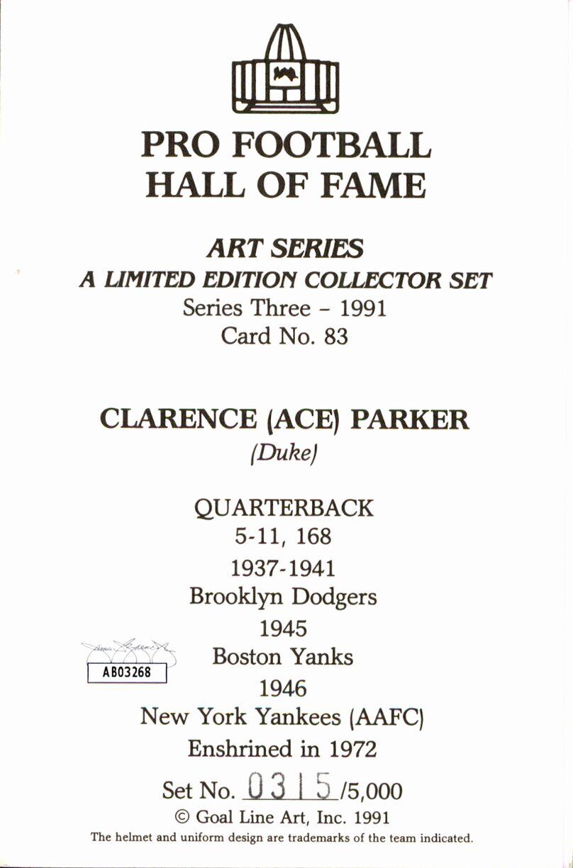 Clarence Parker HOF Yankees Signed/Inscr Goal Line Art GLAC Postcard JSA 167158
