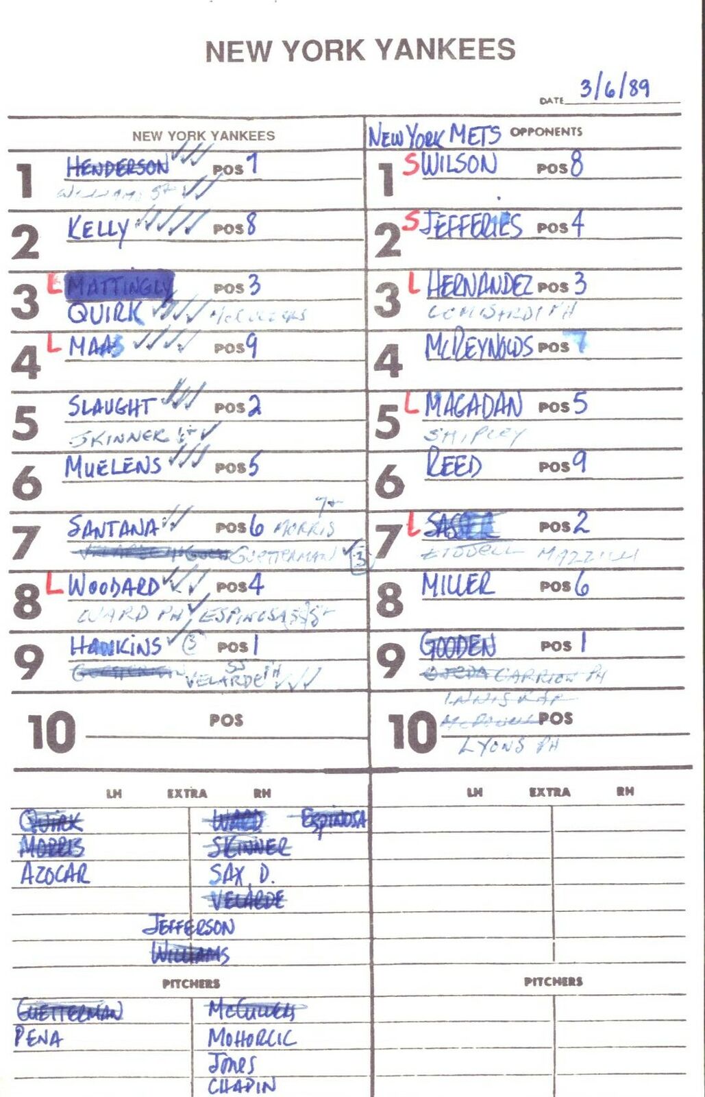 1989 New York Yankees Spring Training 5.5x8.5 Lineup Card vs. NY Mets 151553