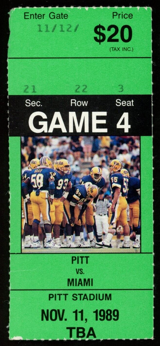 November 11, 1989 Pitt vs. Miami College Football Game Ticket Stub