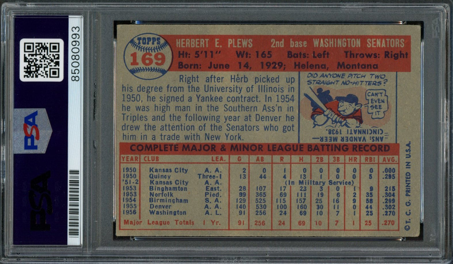 Herb Plews Signed 1957 Topps Trading Card #169 Senators PSA/DNA 183566