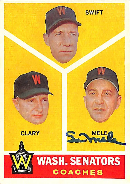 1960 TOPPS #470 Mele, Clary & Swift Senators Coaches Signed/Auto Card 191005