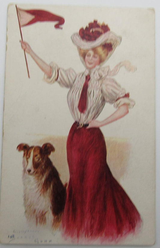 Archie Gunn, National Art No. 148 Unused Postcard, College Girl Waving Pennant