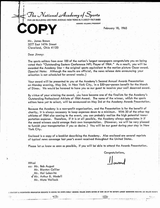 February 18, 1965 Letter to Browns Jim Brown on Winning an Academy Star 145003