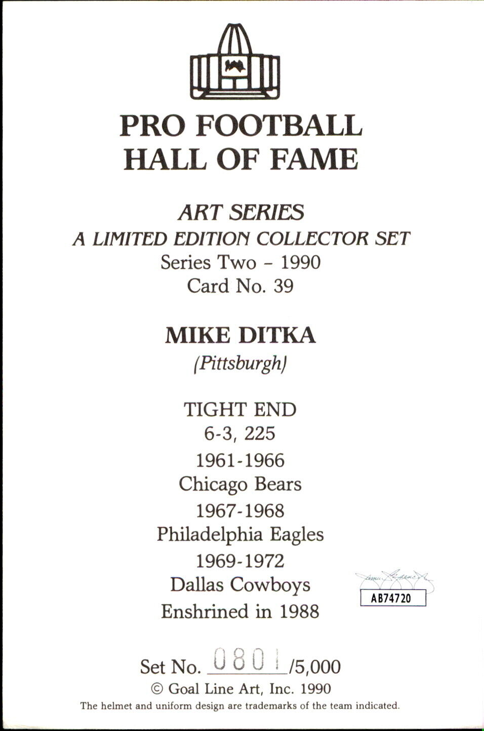 Mike Ditka HOF Autographed Goal Line Art GLAC Postcard Chicago Bears JSA