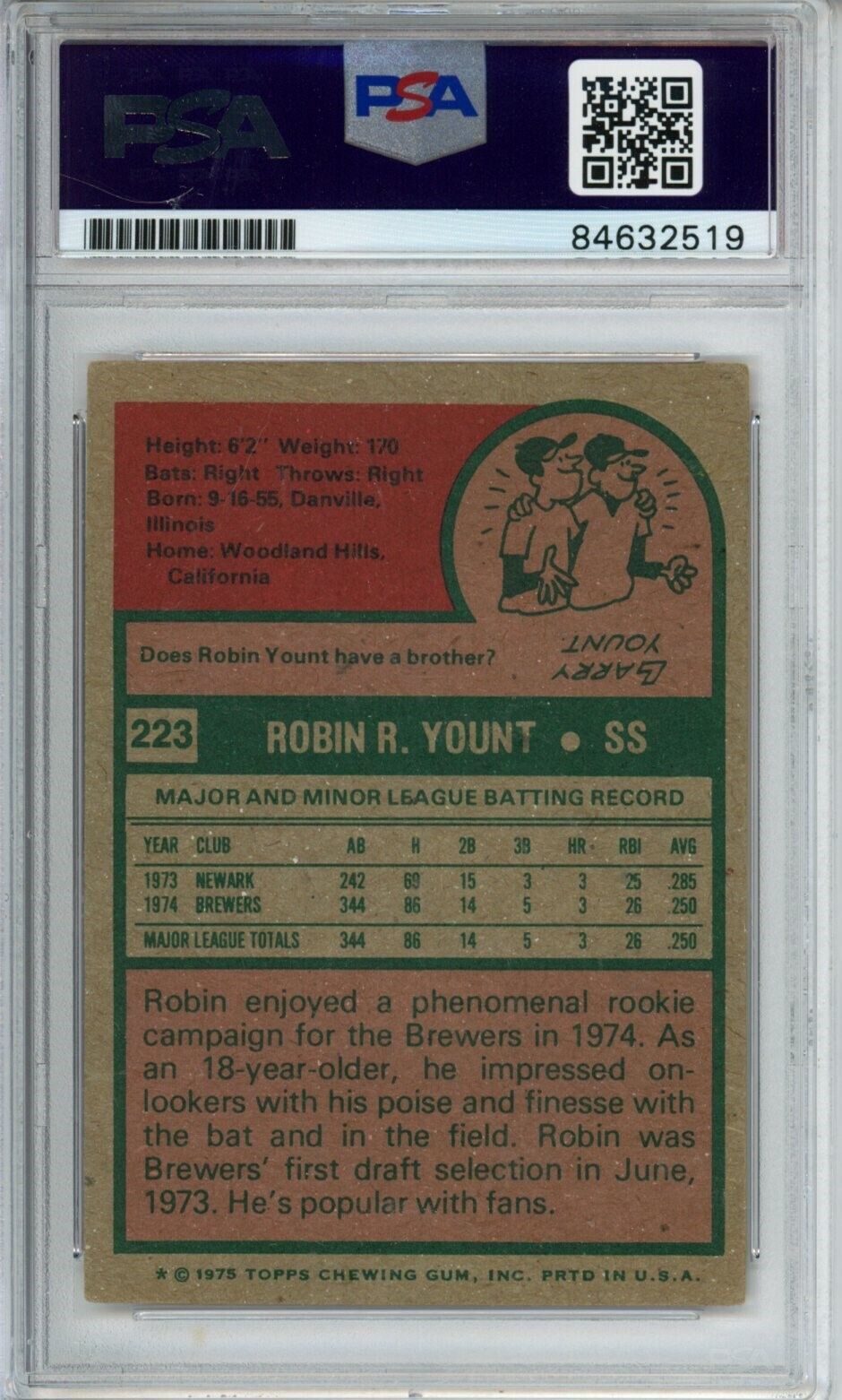 1975 Topps Robin Yount Rookie #223 Card Signed Brewers PSA/DNA GEM MINT 10