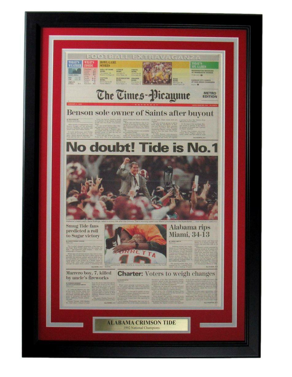 Alabama Crimson Tide 1992 NCAA Champs Times-Picayune Newspaper Framed 166091