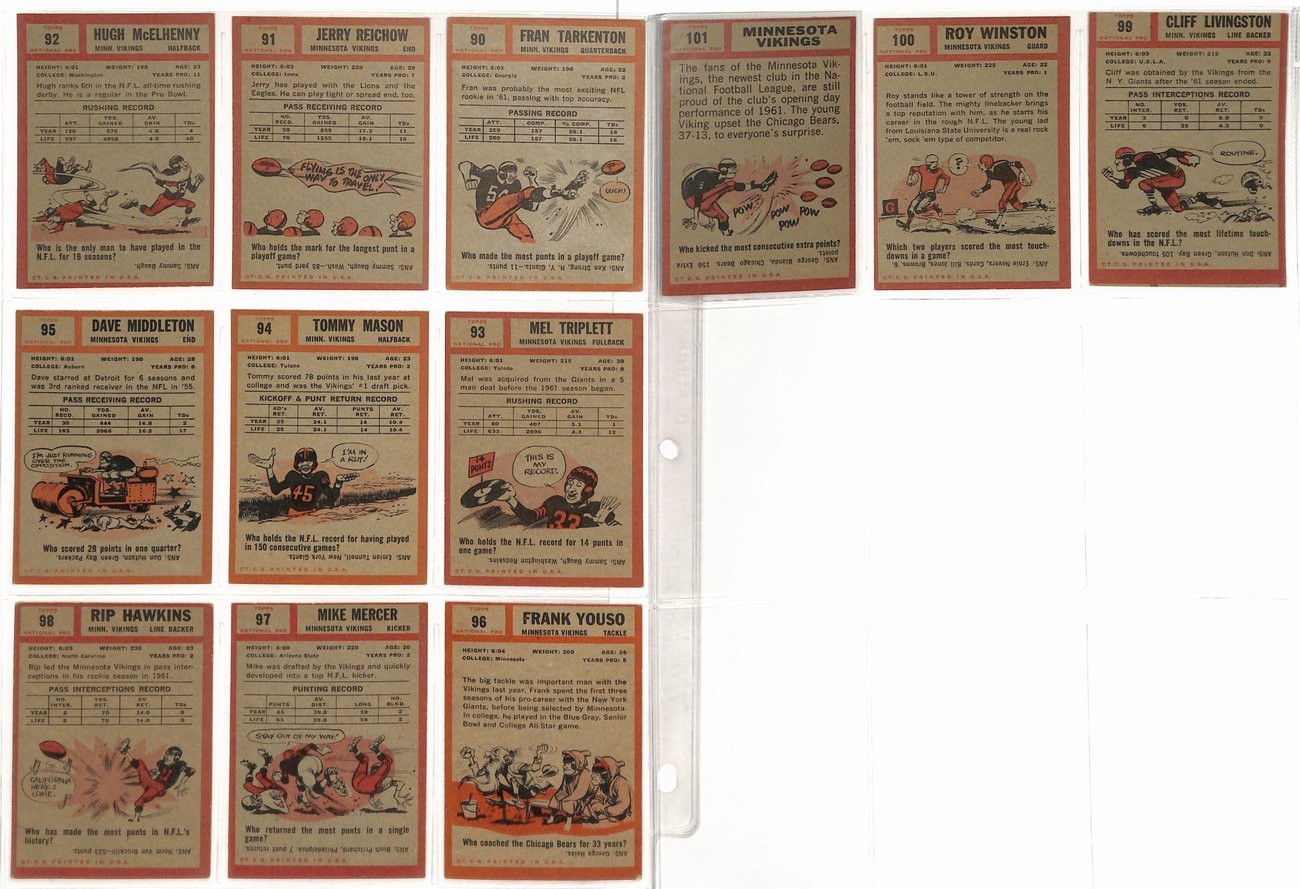 1962 Topps Football Vikings Complete Team Set (12/12) Cards Tarkenton RC 189252