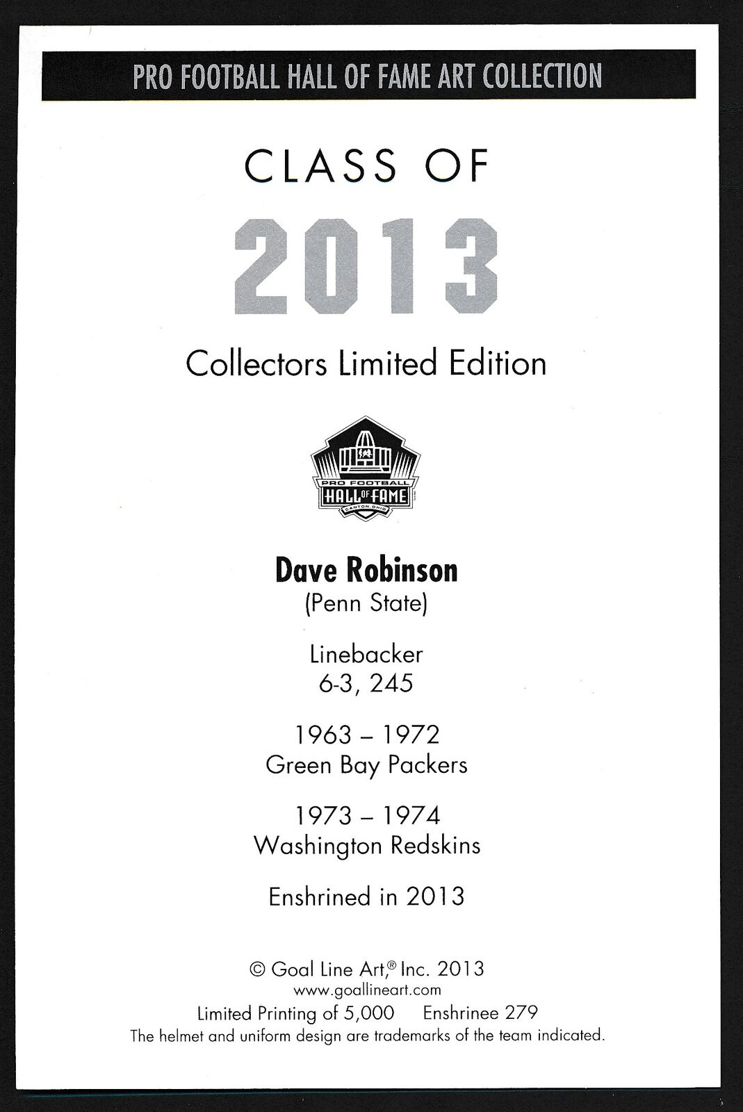 Dave Robinson HOF Packers Signed/Inscr 2013 Goal Line Art GLAC Postcard 163104