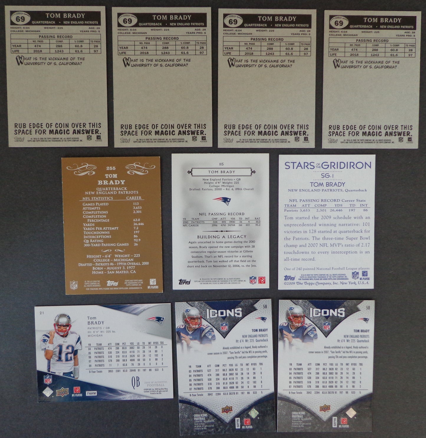 Lot of (10) 2005, 08, 09, 11 TOPPS/Upper Deck Tom Brady Football Cards 181969