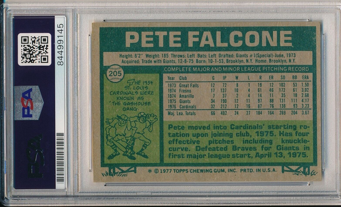 Pete Falcone St. Louis Cardinals Signed/Auto 1977 TOPPS Card #205 PSA/DNA 166121