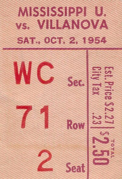 1954 Mississippi Univ vs. Villanova College Football Game Ticket Stub 1440570