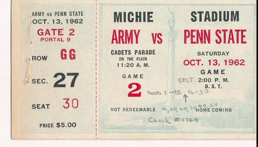 1962 Penn State Nittany Lions vs. Army Ticket Stub @ Miche Stadium 137090