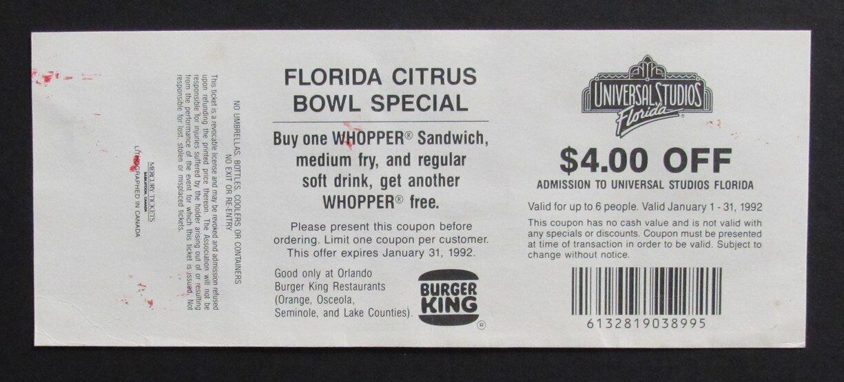 1992 Florida Citrus Bowl Football Game Full Ticket Clemson vs. California